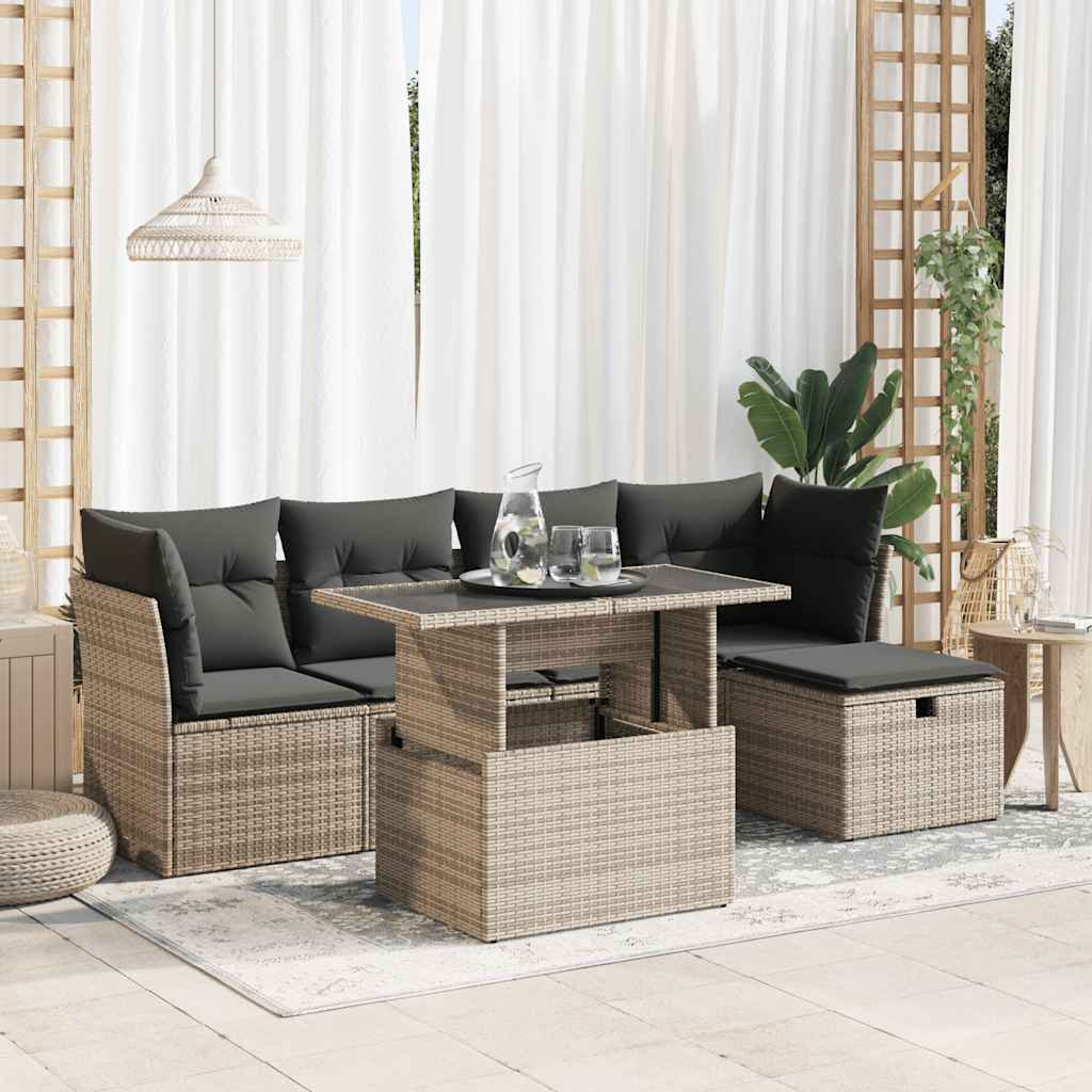 6-tlg. Garten-Sofagarnitur mit Kissen Schwarz Poly Rattan