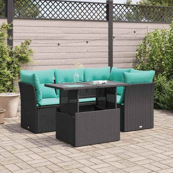 5-teiliges Gartensofa-Set mit Kissen, schwarzes Polyrattan