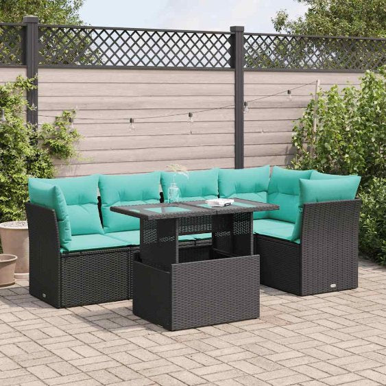 6-teiliges Gartensofa-Set mit Kissen, schwarzes Polyrattan