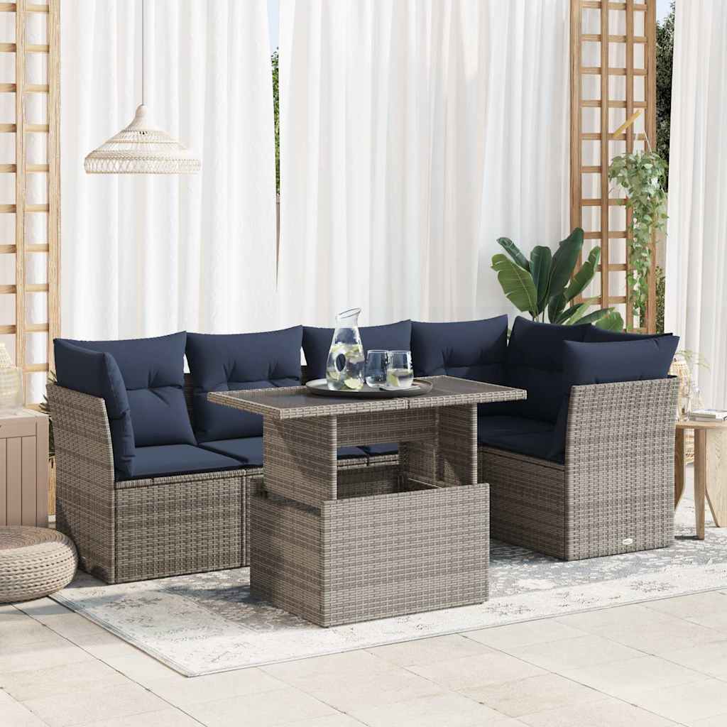 6-teiliges Gartensofa-Set mit Kissen, schwarzes Polyrattan