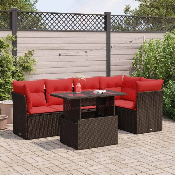 6-teiliges Gartensofa-Set mit Kissen, schwarzes Polyrattan