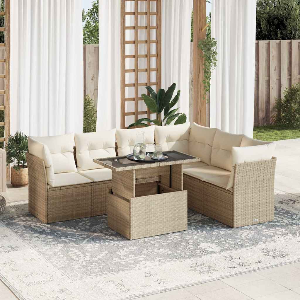 7-tlg. Garten-Sofagarnitur mit Kissen Schwarz Poly Rattan