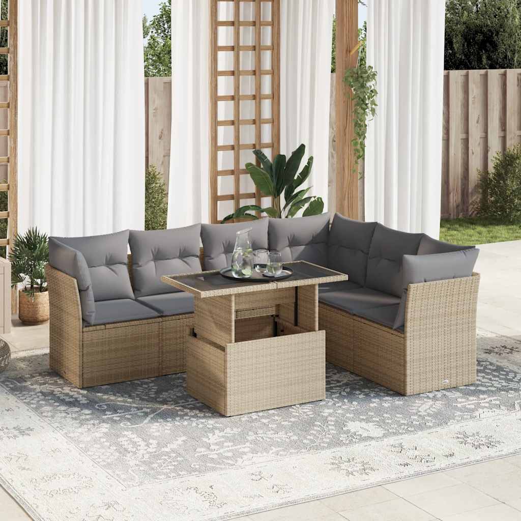 7-tlg. Garten-Sofagarnitur mit Kissen Schwarz Poly Rattan