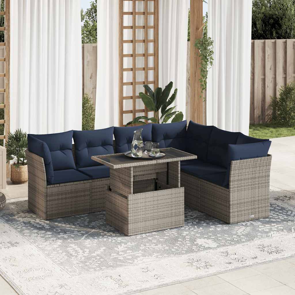 7-teiliges Gartensofa-Set mit Kissen, schwarzes Polyrattan