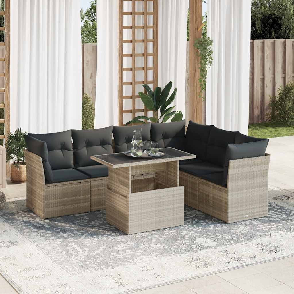 7-tlg. Garten-Sofagarnitur mit Kissen Schwarz Poly Rattan