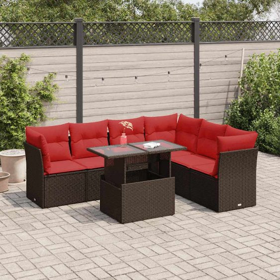 7-teiliges Gartensofa-Set mit Kissen, schwarzes Polyrattan