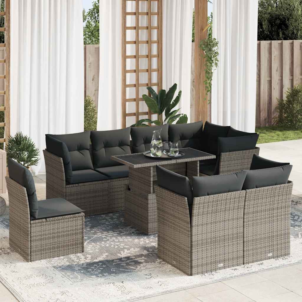 9-tlg. Garten-Sofagarnitur mit Kissen Schwarz Poly Rattan
