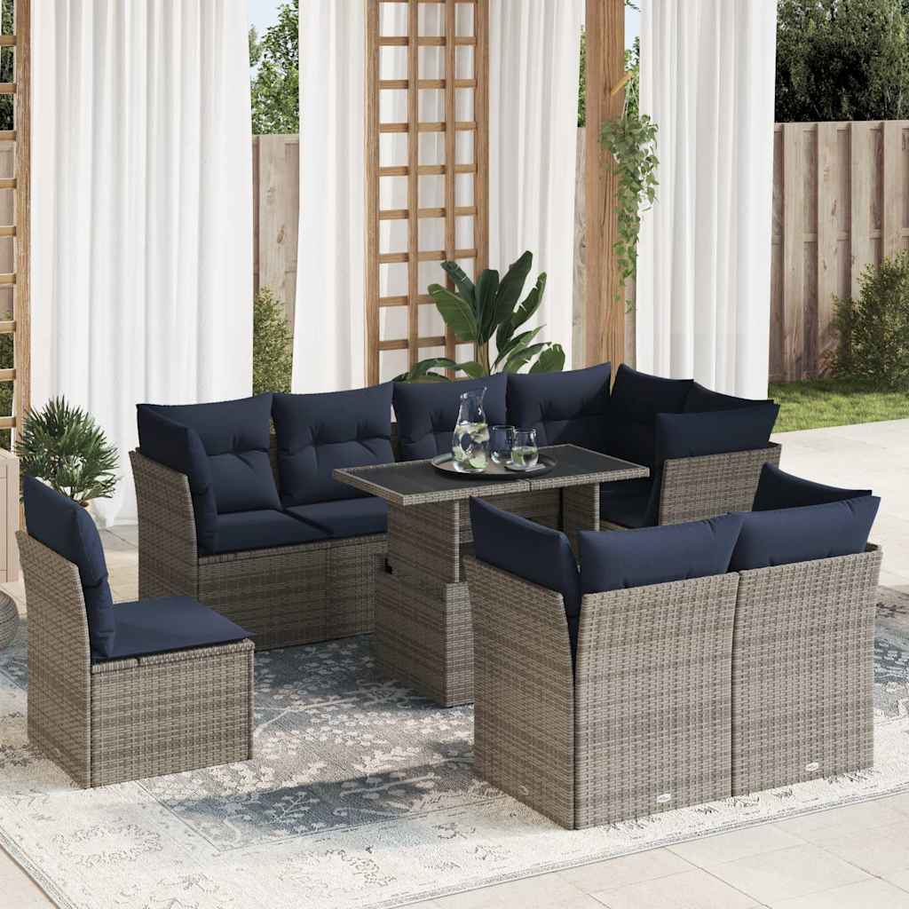 9-teiliges Gartensofa-Set mit Kissen, schwarzes Polyrattan