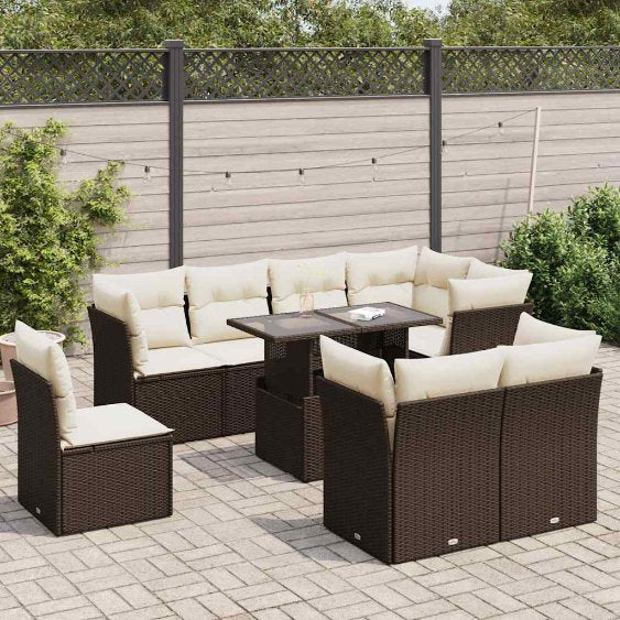 9-tlg. Garten-Sofagarnitur mit Kissen Schwarz Poly Rattan