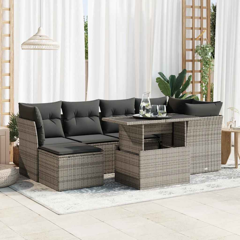 7-tlg. Garten-Sofagarnitur mit Kissen Schwarz Poly Rattan