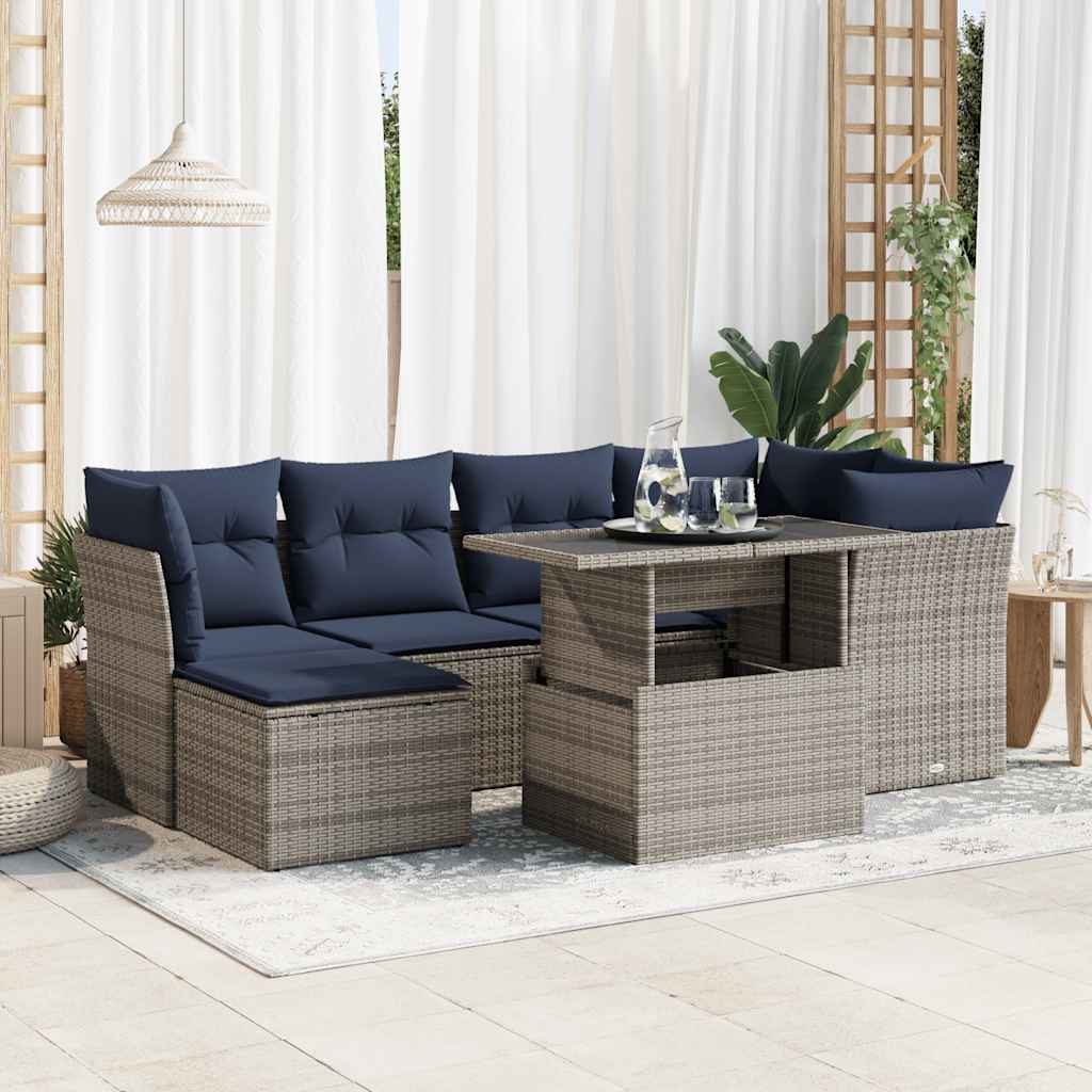 7-tlg. Garten-Sofagarnitur mit Kissen Schwarz Poly Rattan