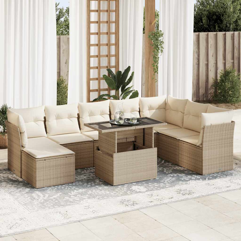 9-tlg. Garten-Sofagarnitur mit Kissen Schwarz Poly Rattan