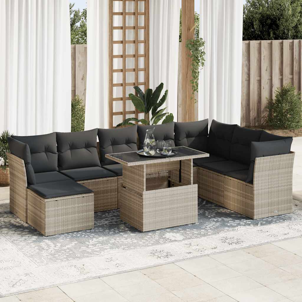 9-tlg. Garten-Sofagarnitur mit Kissen Schwarz Poly Rattan