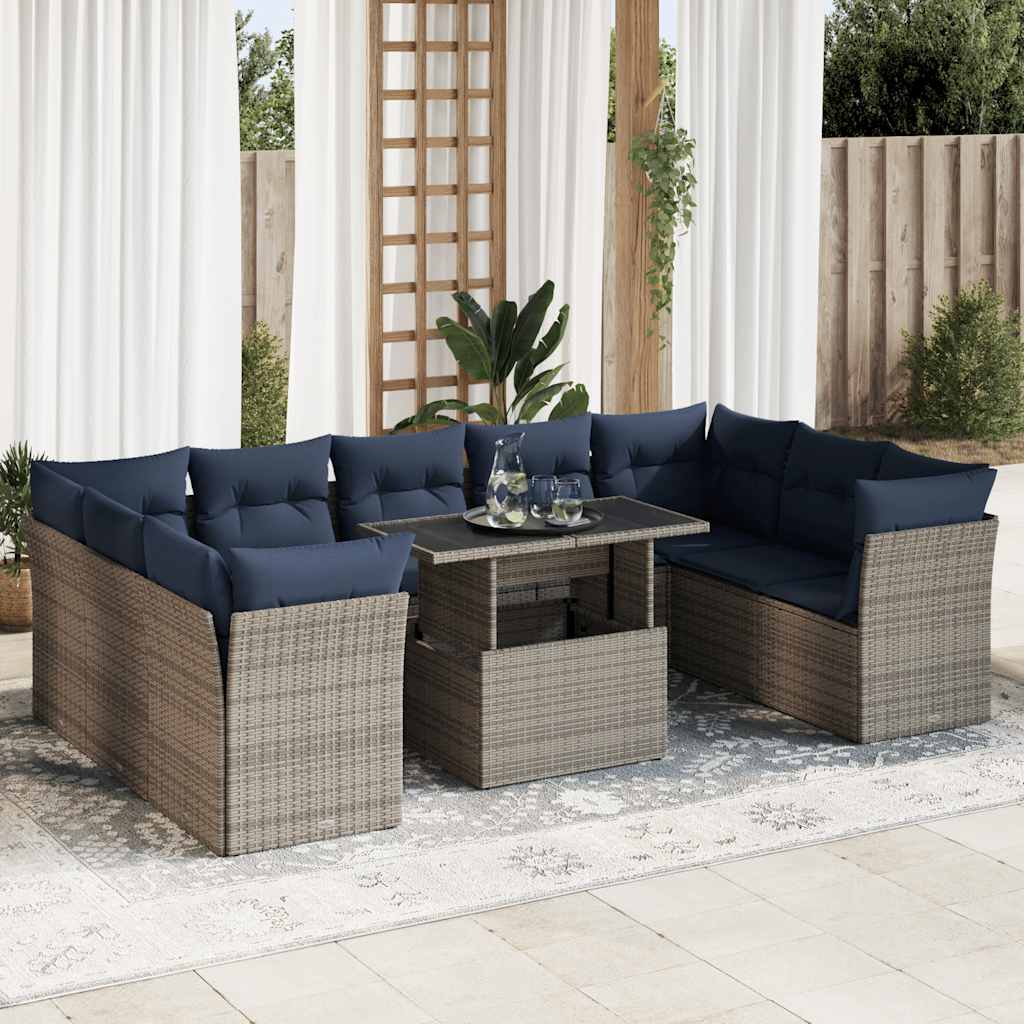 vidaXL 10-teiliges Gartensofa-Set mit Kissen, schwarzes Polyrattan