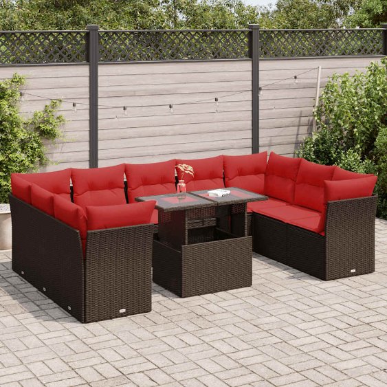 vidaXL 10-teiliges Gartensofa-Set mit Kissen, schwarzes Polyrattan