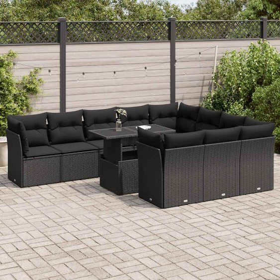 vidaXL 11-tlg. Garten-Sofagarnitur mit Kissen Schwarz Poly Rattan