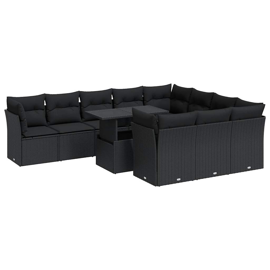 vidaXL 11-tlg. Garten-Sofagarnitur mit Kissen Schwarz Poly Rattan