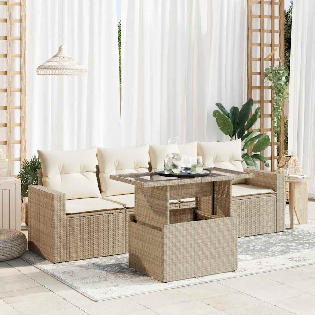 5-tlg. Garten-Sofagarnitur mit Kissen Schwarz Poly Rattan