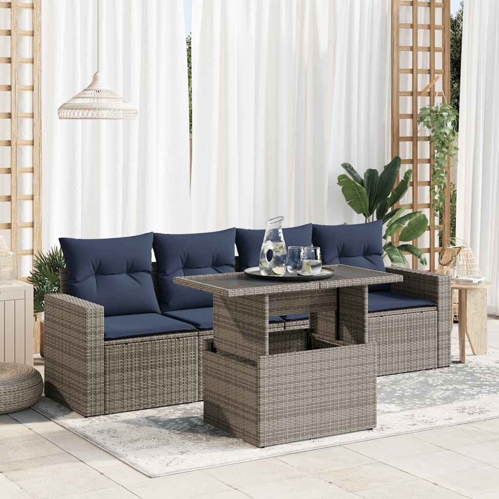 5-teiliges Gartensofa-Set mit Kissen, schwarzes Polyrattan