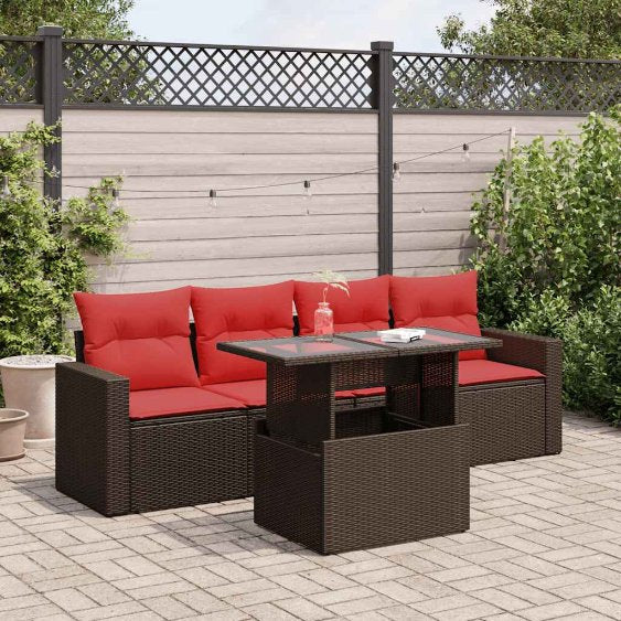 5-teiliges Gartensofa-Set mit Kissen, schwarzes Polyrattan