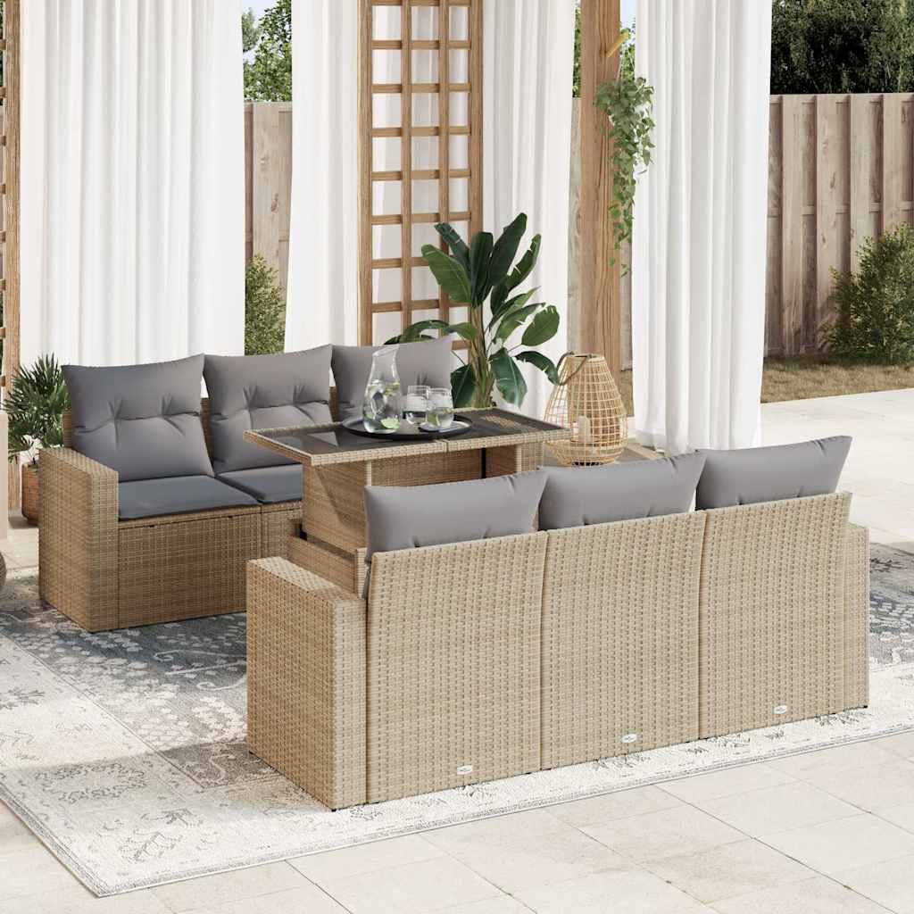 7-tlg. Garten-Sofagarnitur mit Kissen Schwarz Poly Rattan