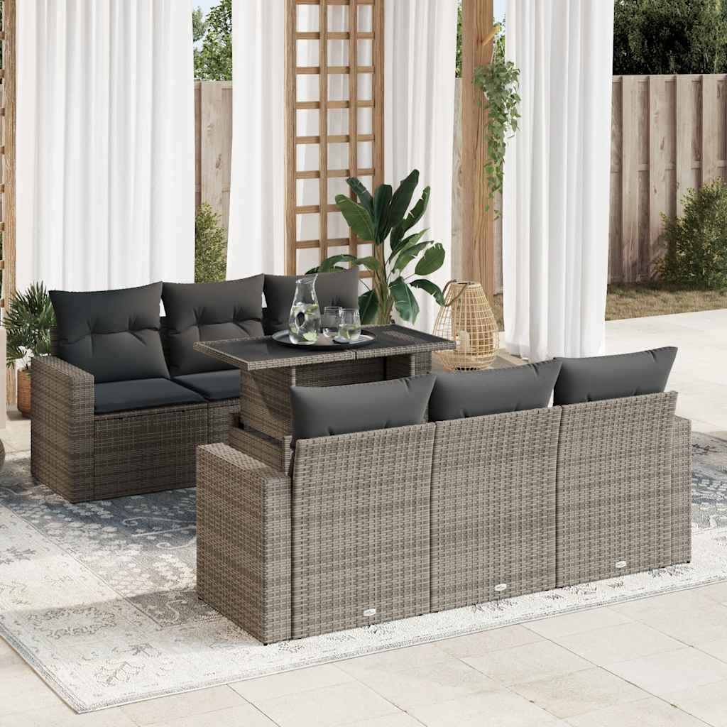 7-tlg. Garten-Sofagarnitur mit Kissen Schwarz Poly Rattan