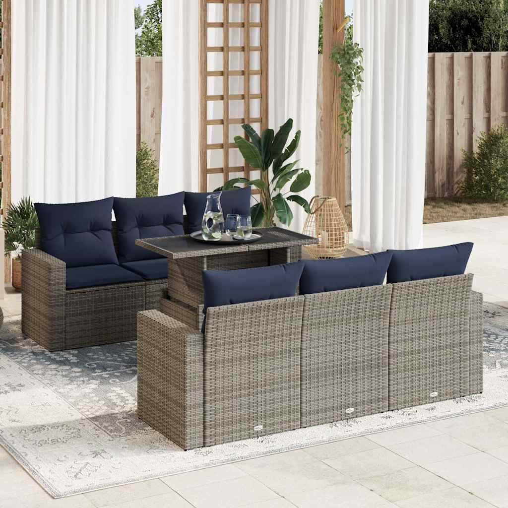 7-tlg. Garten-Sofagarnitur mit Kissen Schwarz Poly Rattan