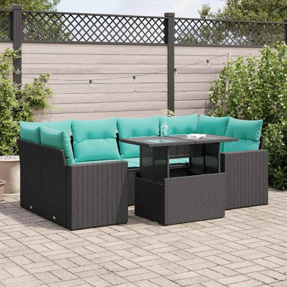 7-teiliges Gartensofa-Set mit Kissen, schwarzes Polyrattan