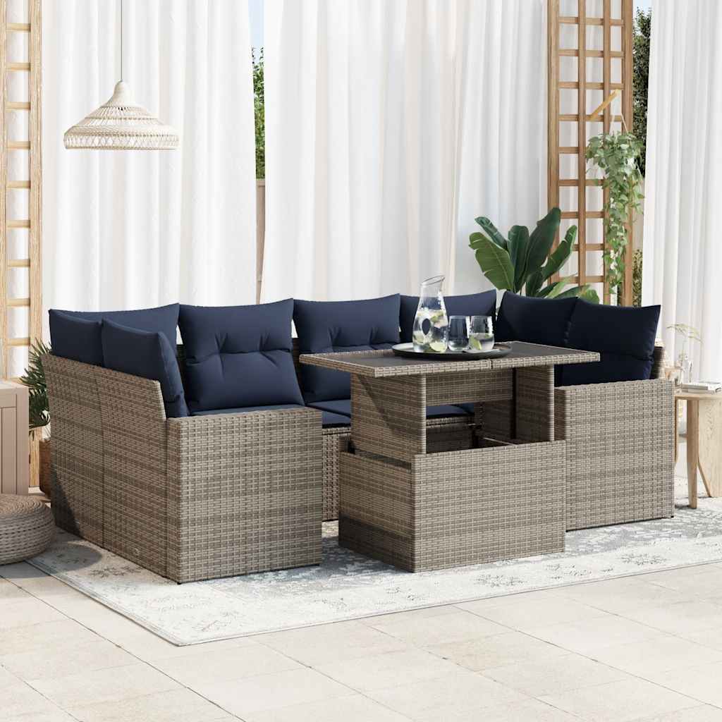 7-teiliges Gartensofa-Set mit Kissen, schwarzes Polyrattan