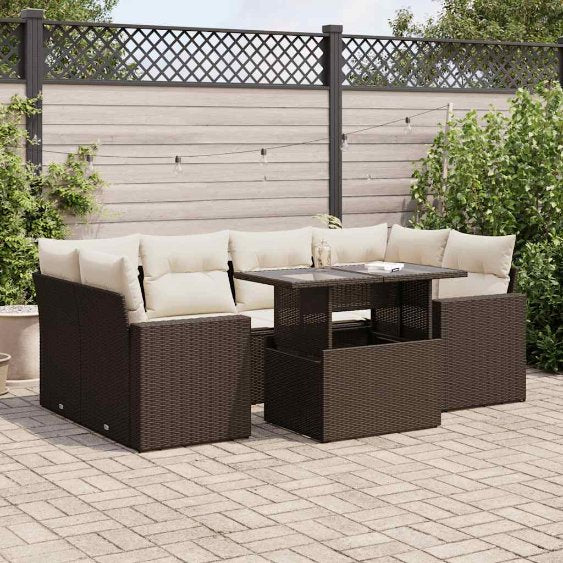 7-tlg. Garten-Sofagarnitur mit Kissen Schwarz Poly Rattan