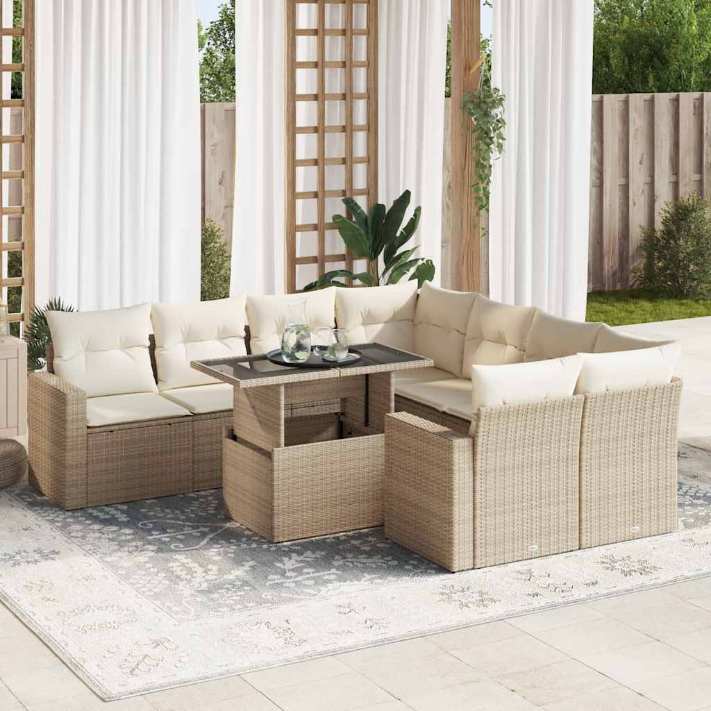 9-tlg. Garten-Sofagarnitur mit Kissen Schwarz Poly Rattan