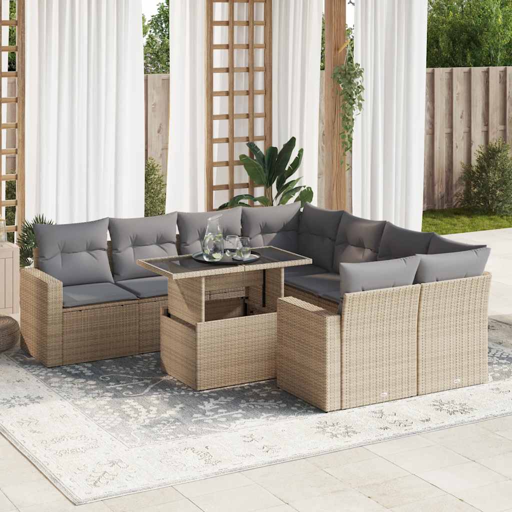9-tlg. Garten-Sofagarnitur mit Kissen Schwarz Poly Rattan