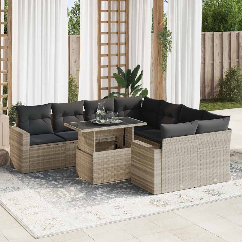 9-tlg. Garten-Sofagarnitur mit Kissen Schwarz Poly Rattan