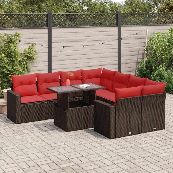 9-teiliges Gartensofa-Set mit Kissen, schwarzes Polyrattan