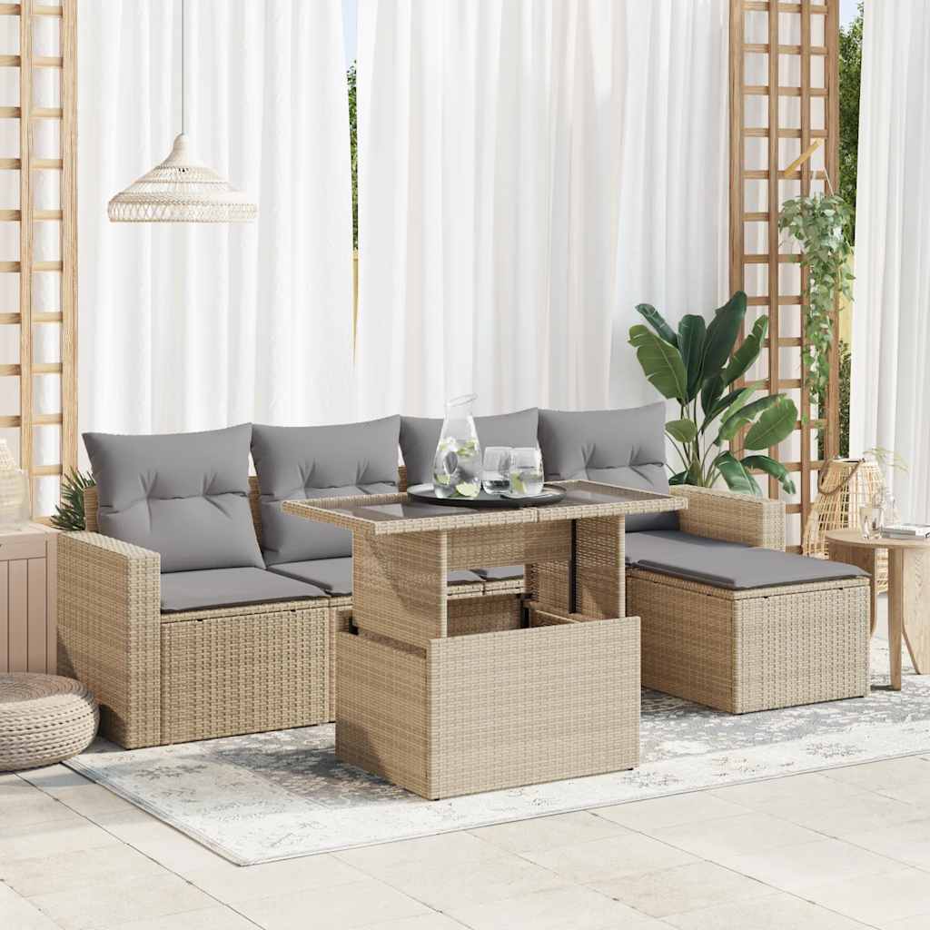 6-tlg. Garten-Sofagarnitur mit Kissen Schwarz Poly Rattan