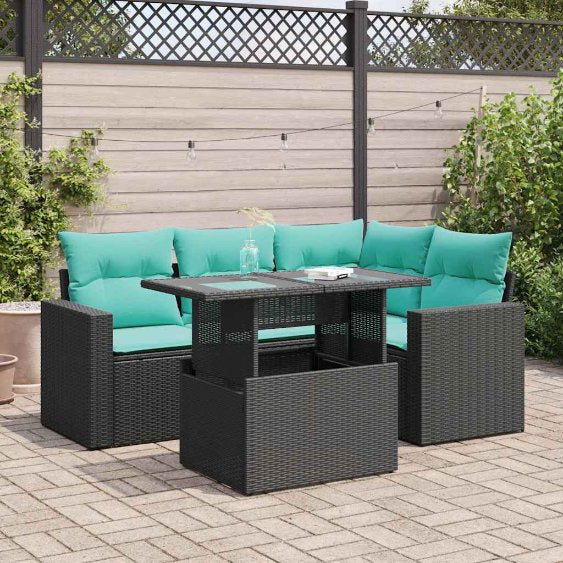 5-teiliges Gartensofa-Set mit Kissen, schwarzes Polyrattan
