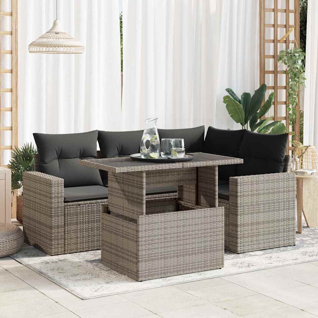 5-tlg. Garten-Sofagarnitur mit Kissen Schwarz Poly Rattan