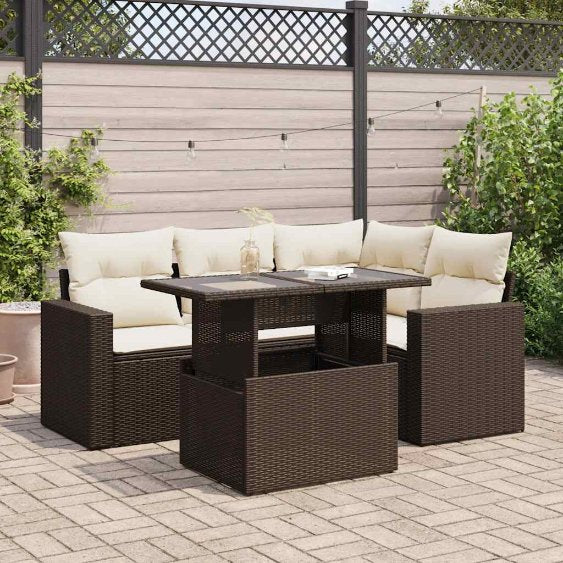 5-tlg. Garten-Sofagarnitur mit Kissen Schwarz Poly Rattan