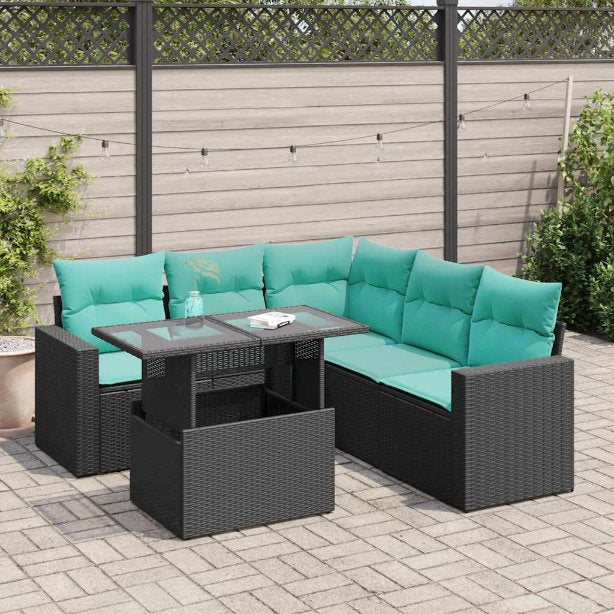 6-teiliges Gartensofa-Set mit Kissen, schwarzes Polyrattan