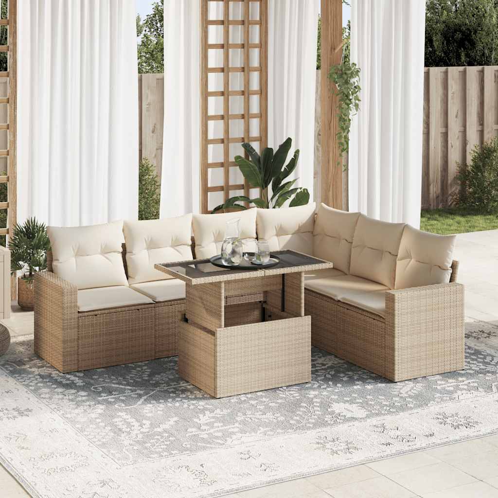 7-tlg. Garten-Sofagarnitur mit Kissen Schwarz Poly Rattan