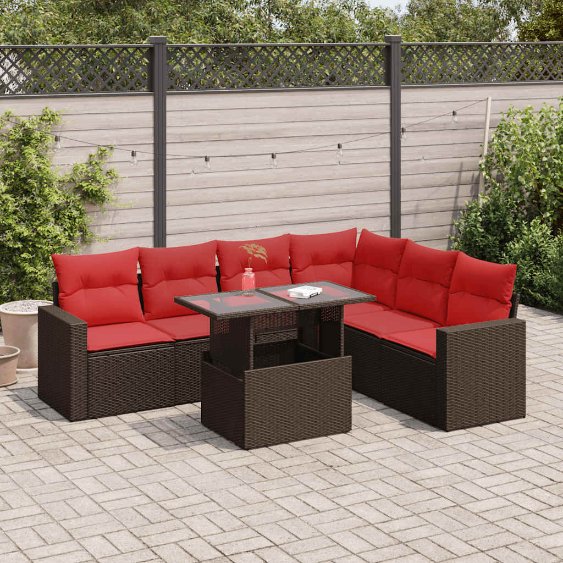 7-teiliges Gartensofa-Set mit Kissen, schwarzes Polyrattan