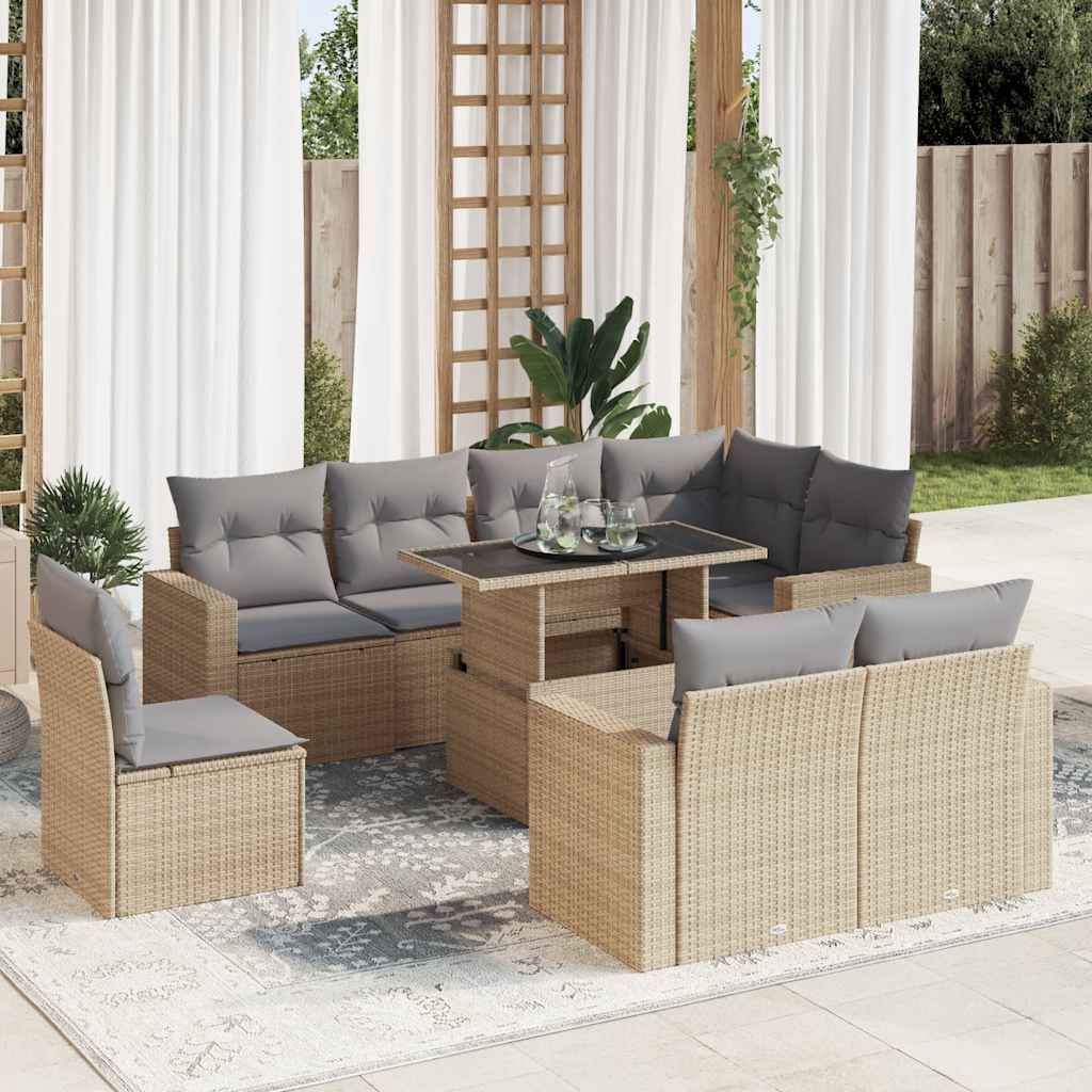 9-tlg. Garten-Sofagarnitur mit Kissen Schwarz Poly Rattan