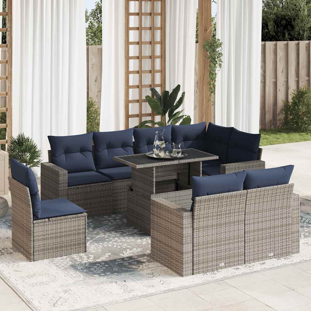 9-teiliges Gartensofa-Set mit Kissen, schwarzes Polyrattan