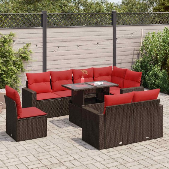 9-teiliges Gartensofa-Set mit Kissen, schwarzes Polyrattan