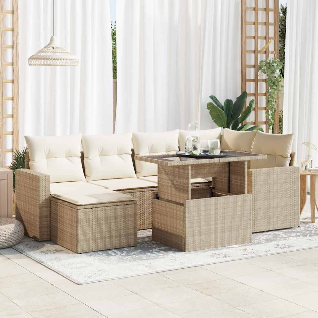 7-tlg. Garten-Sofagarnitur mit Kissen Schwarz Poly Rattan
