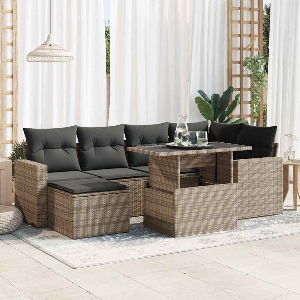 7-tlg. Garten-Sofagarnitur mit Kissen Schwarz Poly Rattan