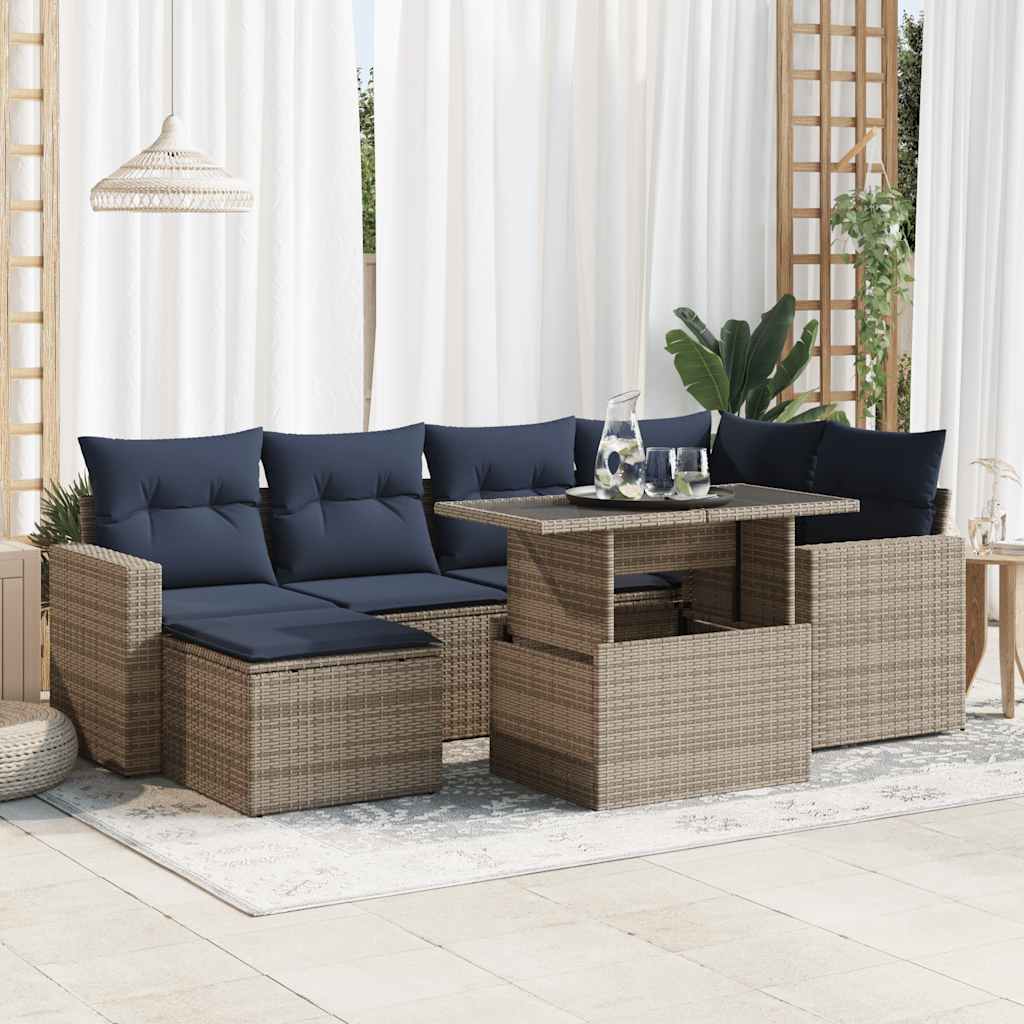 7-teiliges Gartensofa-Set mit Kissen, schwarzes Polyrattan