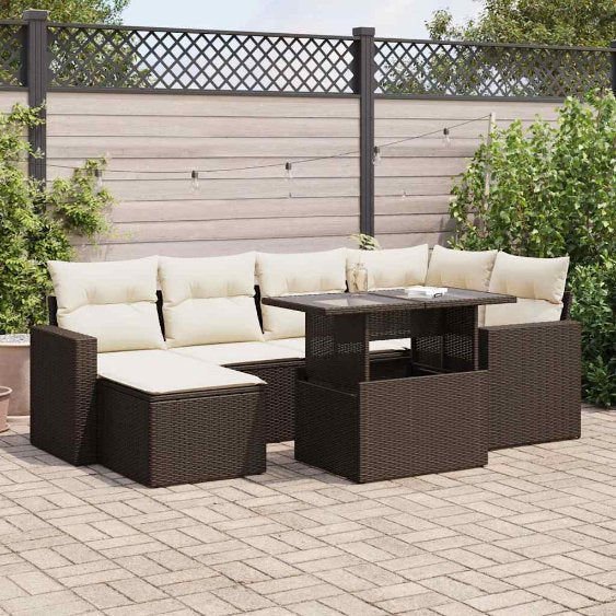 7-tlg. Garten-Sofagarnitur mit Kissen Schwarz Poly Rattan