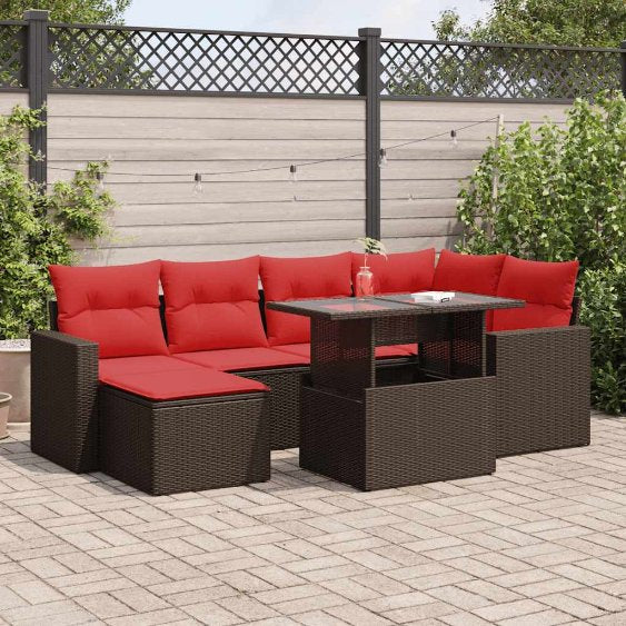 7-teiliges Gartensofa-Set mit Kissen, schwarzes Polyrattan