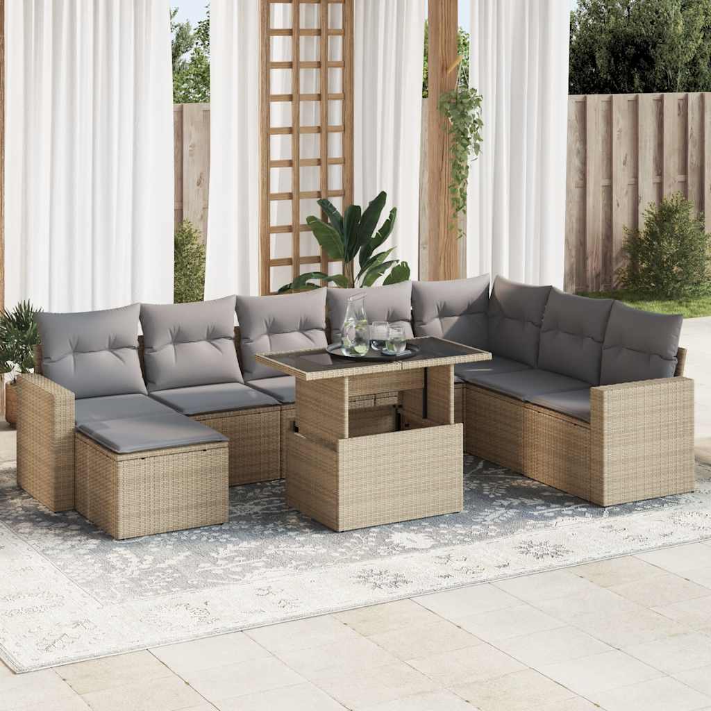 9-tlg. Garten-Sofagarnitur mit Kissen Schwarz Poly Rattan